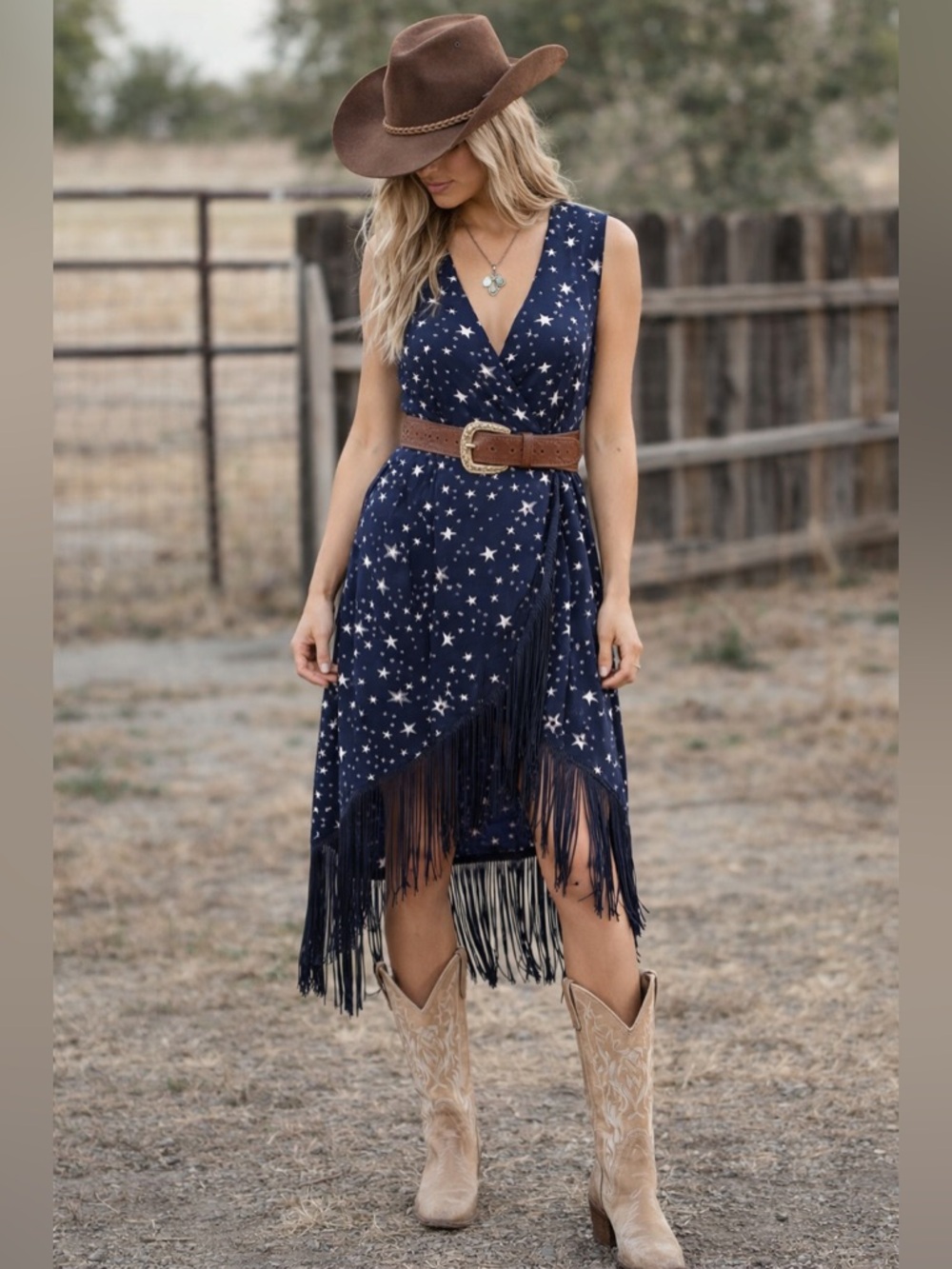 “Idyllwind Star Print Fringe Wrap Dress Western Boho Festival Navy L”